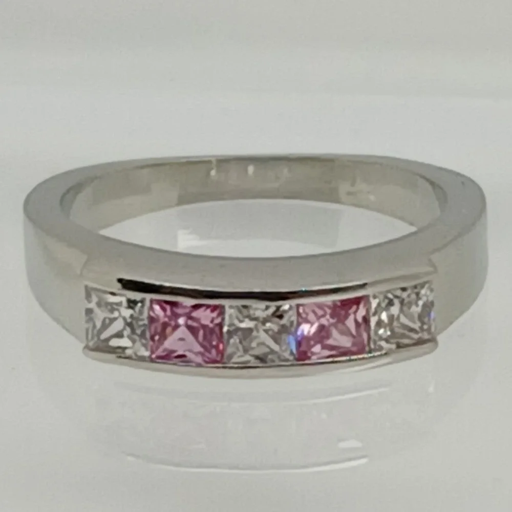 Vintage 90s Pink Clear Princess Cut CZ Channel Set Silver Tone Band Ring Size 10